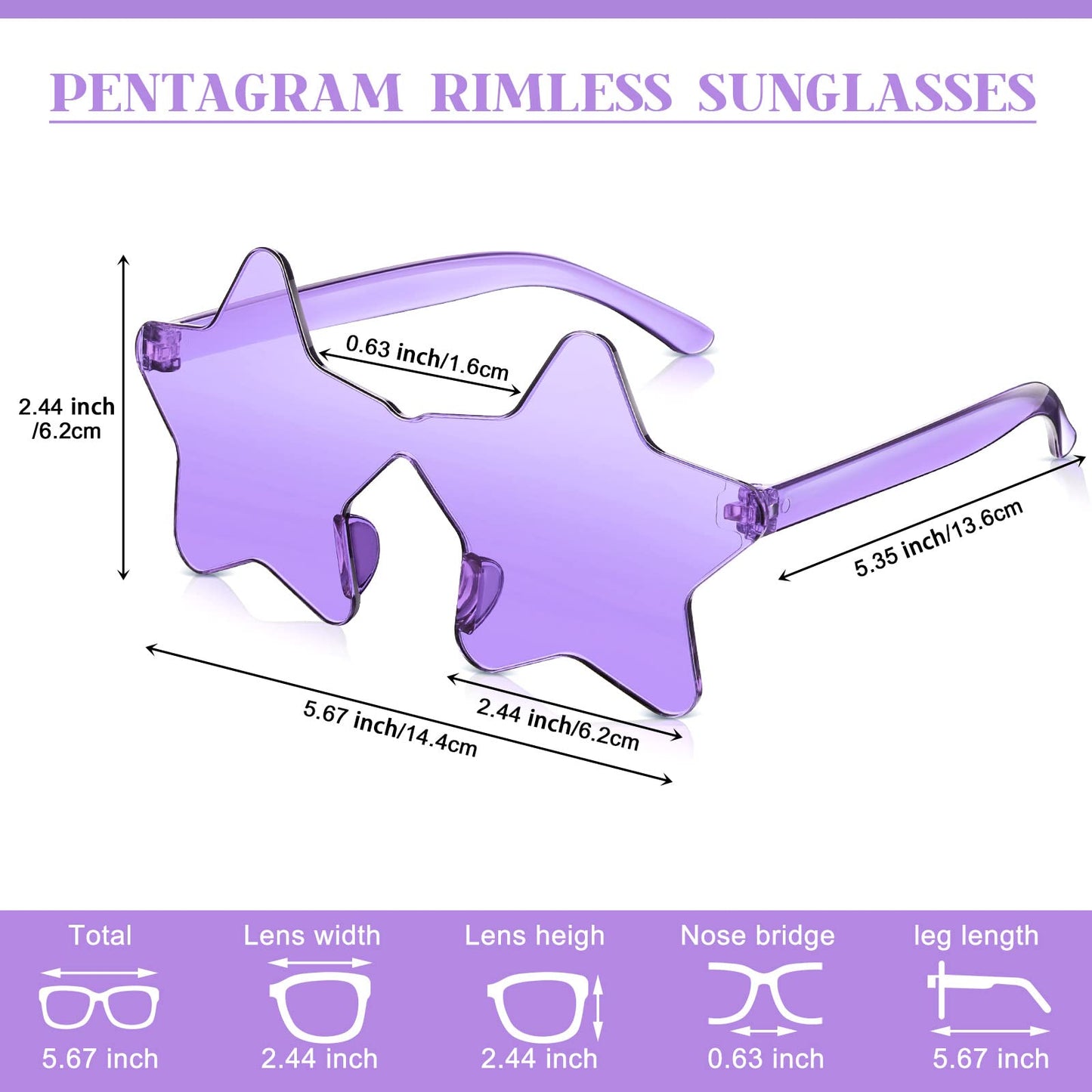 CHENGU 2 Pcs Star Shape Rimless Sunglasses Transparent Candy Color Sunglasses Party Favor star glasses for Women(Purple)