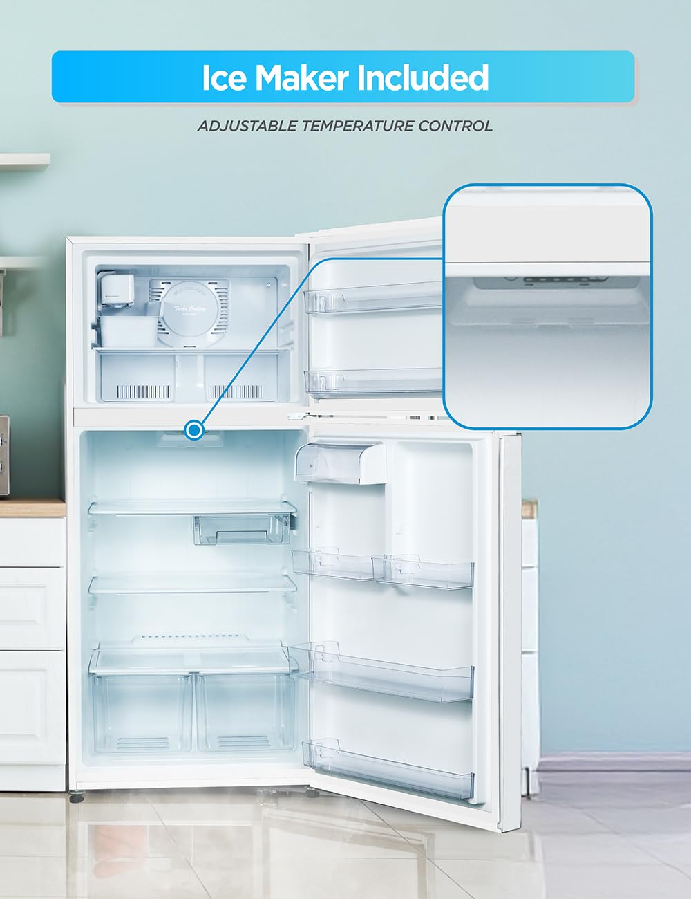 Commercial Cool 18 Cu. Ft. Top Mount Refrigerator with Ice Maker, 2-Door Refrigerator with Top Freezer, Freezer with Icemaker and Adjustable Temperature Control, Energy Star Certified, White