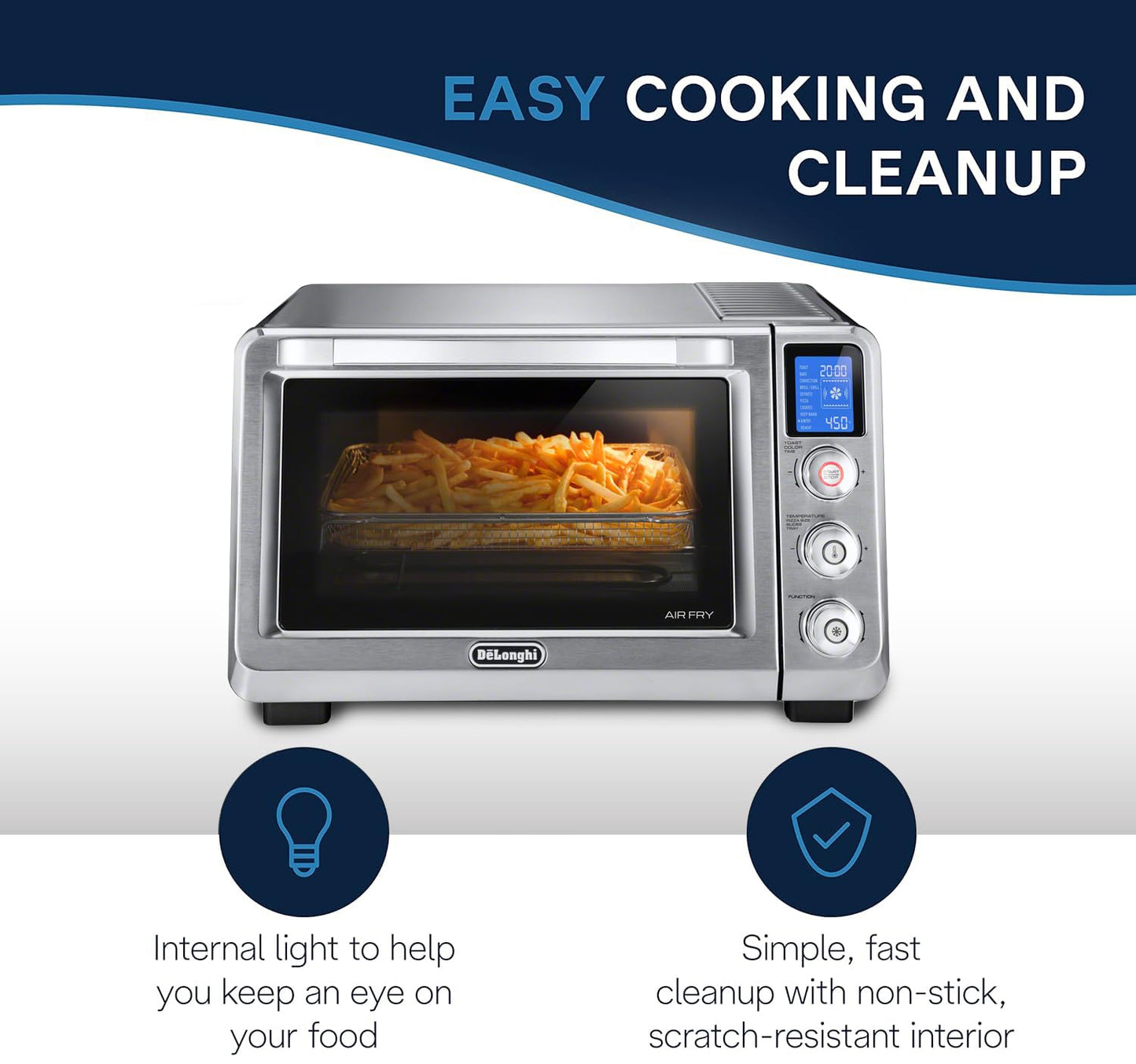 De'Longhi 10-in-1 Digital AirFryer, 24L, True Convection Toaster Oven with Internal Light, Grills, Broils, Bakes, Roasts, Reheats, Preset for Cookie & Pizza, 1800-Watts, Stainless Steel