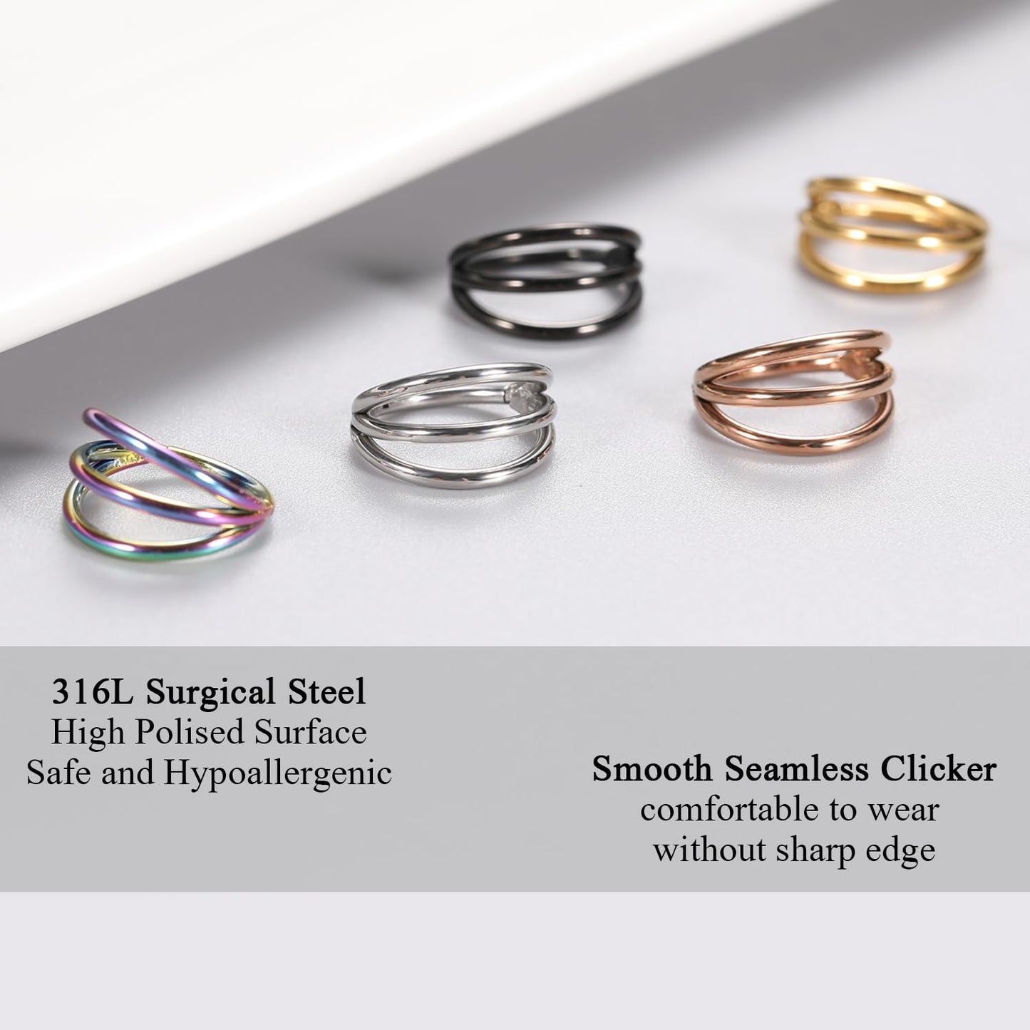 FUNLMO Triple Hoop Nose Ring - 18G Septum, Tragus, Helix, Conch, Rook, Daith, Cartilage Piercing Jewelry - 316L Surgical Steel -