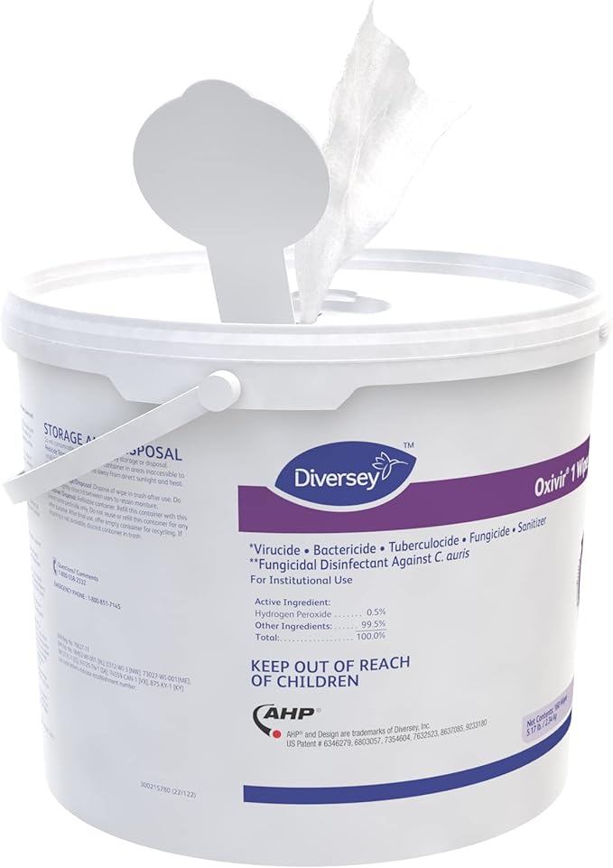 Oxivir Diversey 1 100850924 Disinfectant Cleaning Wipes, Virucidal, Pre-Moistened with Accelerated Hydrogen Peroxide AHP, Unscented, 160 Extra Large 11x12-Inch Wipes, 1-Bucket