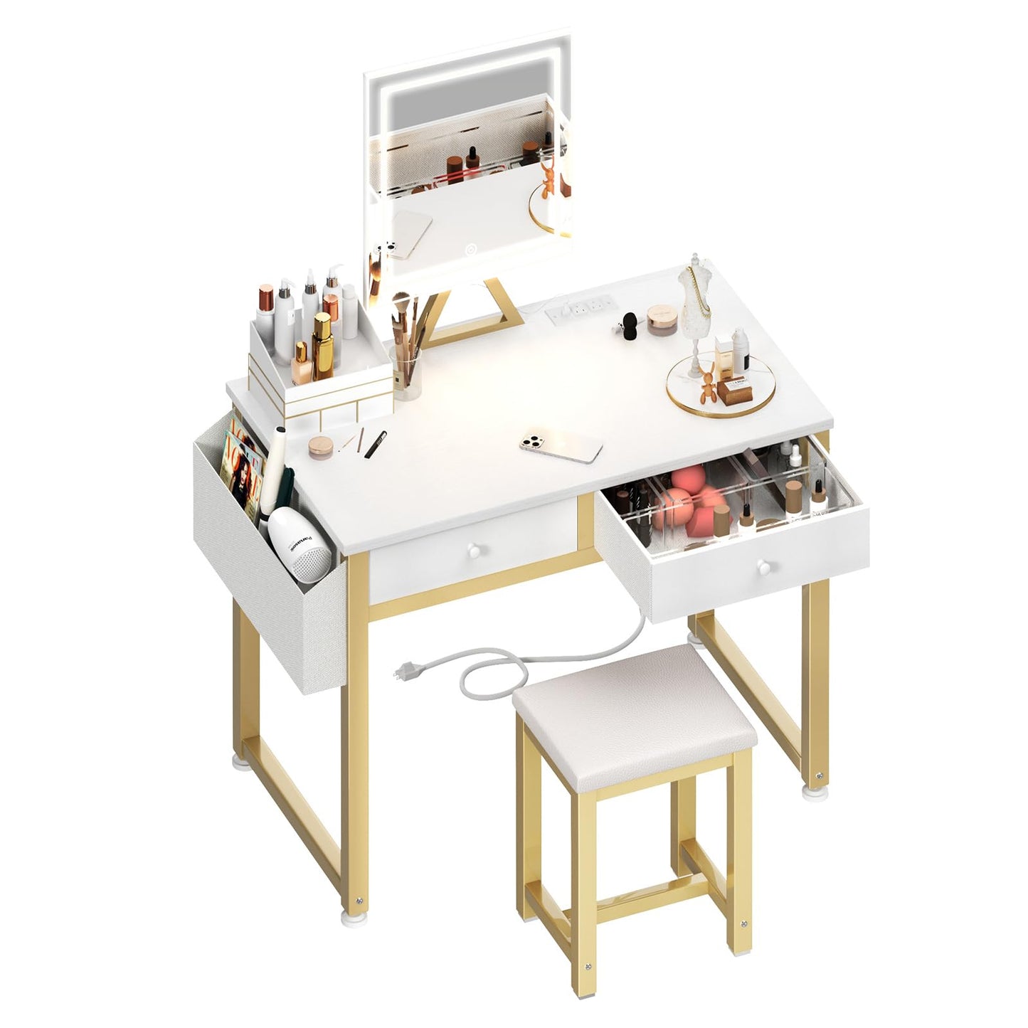 Lufeiya Small Makeup Vanity Desk with Mirror and Light, 32 inch White Vanity Desks Sets with Fabric Drawers for Girls Teen, Dressing Table and Chair Set with Power Outlet for Bedroom, White Gold