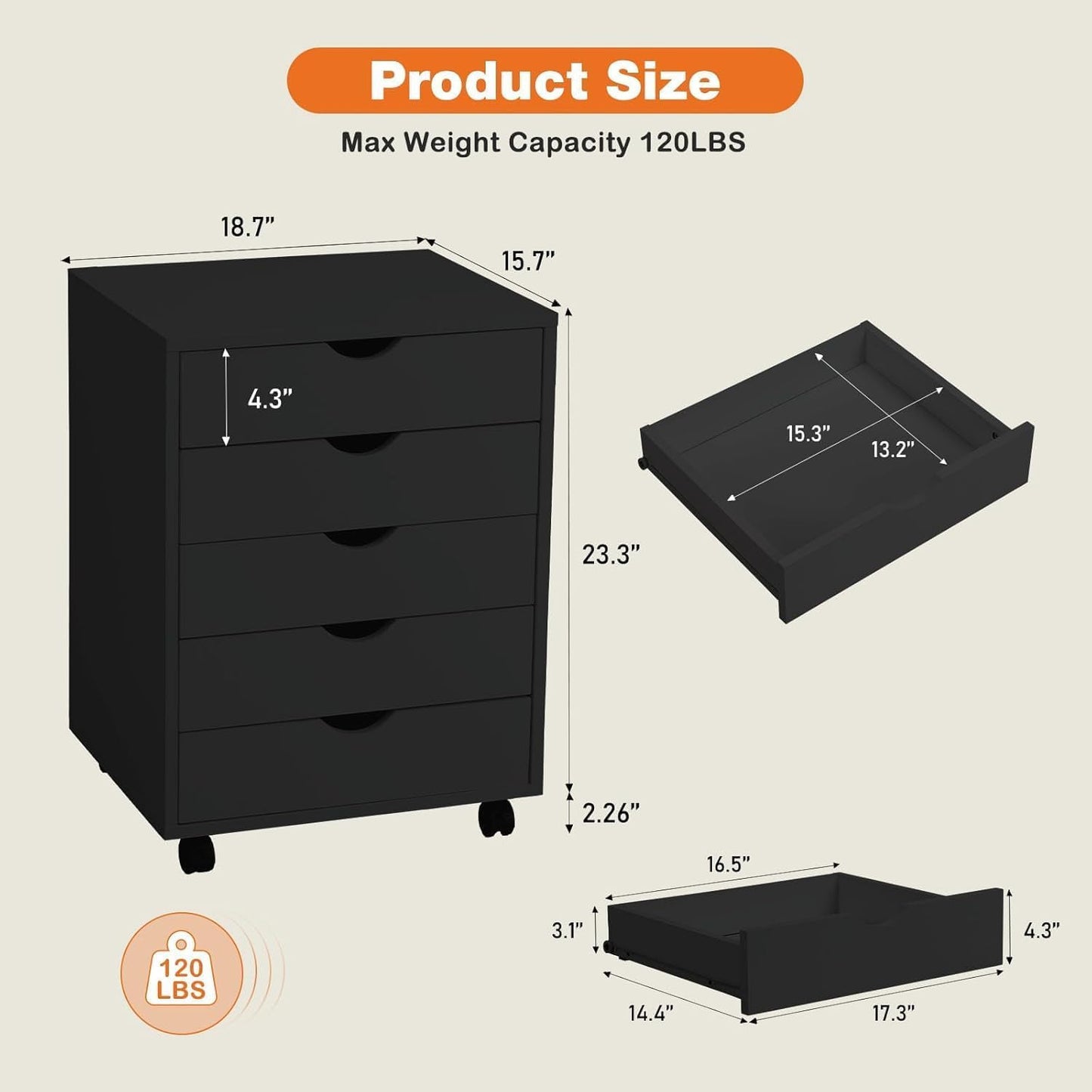 Elevon 5 Drawer Chest, Dressers Storage Cabinets Wooden Dresser Mobile Cabinet with Wheels Room Organizer, Small Drawers Wood Organization Furniture for Office, Home