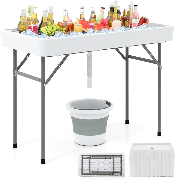 KOTEK Folding Ice Cooler Table, 4 FT Portable Ice Table with Drain, Matching Skirt & Foldable Bucket, Buffet Beverage Serv...