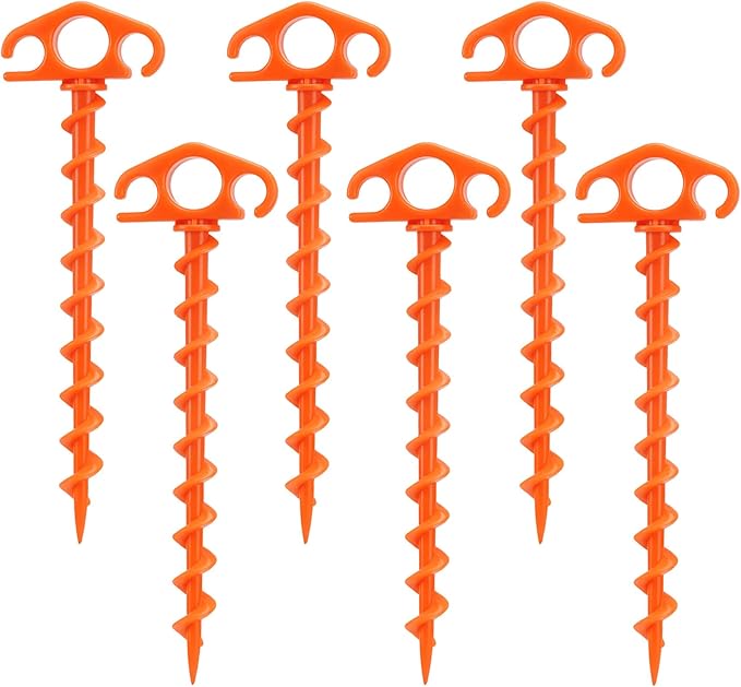 COBARYEN Tent Stakes Ground Anchors Screw in, 6 Pack Sand Stakes for Beach 9.4 Inch Heavy Duty Spiral Tent Pegs for Camping, Party, Hiking, Outdoor Decoration (6, Orange)
