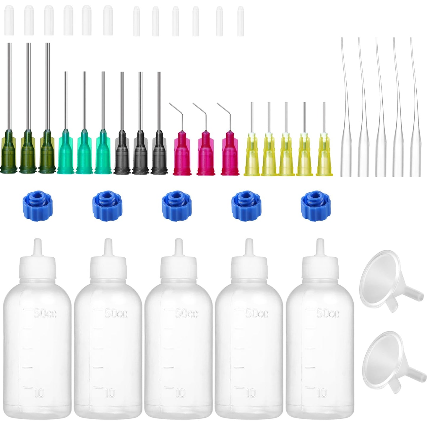 Ehoycq 50ml Glue Precision Tip Applicator Bottle,Needle Tip Squeeze Bottle with 14ga 16ga 18ga 20ga 25ga Blunt Needle Oiler and Storage Caps