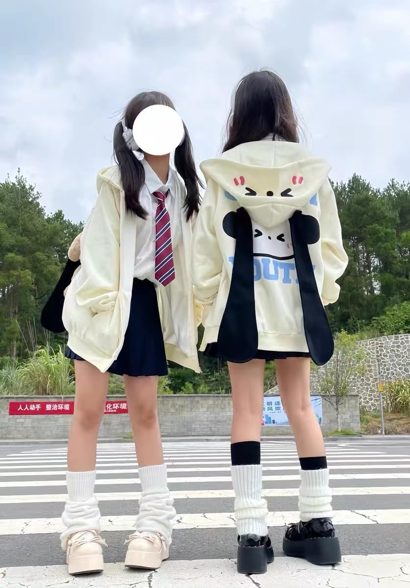 grhaat Kawaii Hoodie Zipper Harajuku Puppy Long Ear Casual Loose Hooded Sweatshirt Cutecore Y2k Graphic Pullovers (Small,beige)