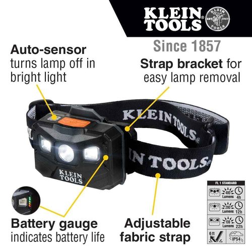 Klein Tools 56048 Rechargeable Auto-Off LED Headlamp, Adjustable Fabric Strap, 400 LMS & 85191 Screwdriver/Conduit Reamer, Conduit Fitting and Reaming Screwdriver for 1/2-Inch
