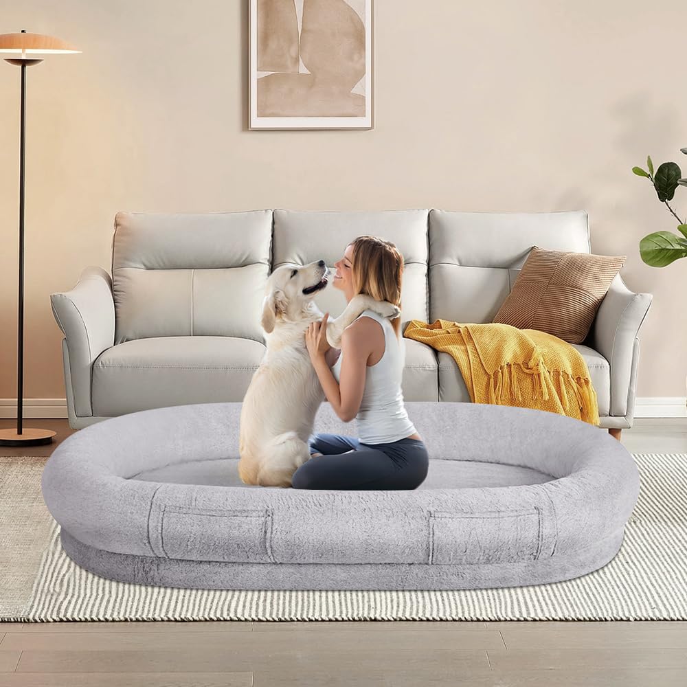 beeNbkks Human Dog Bed for Adult, Giant Extra Large Memory Foam Human Size Pet Bed for People, Fluffy Plush Dog Bed for Human with Storage Pocket Washable Cover Portable Handle Non-Slip Bottom