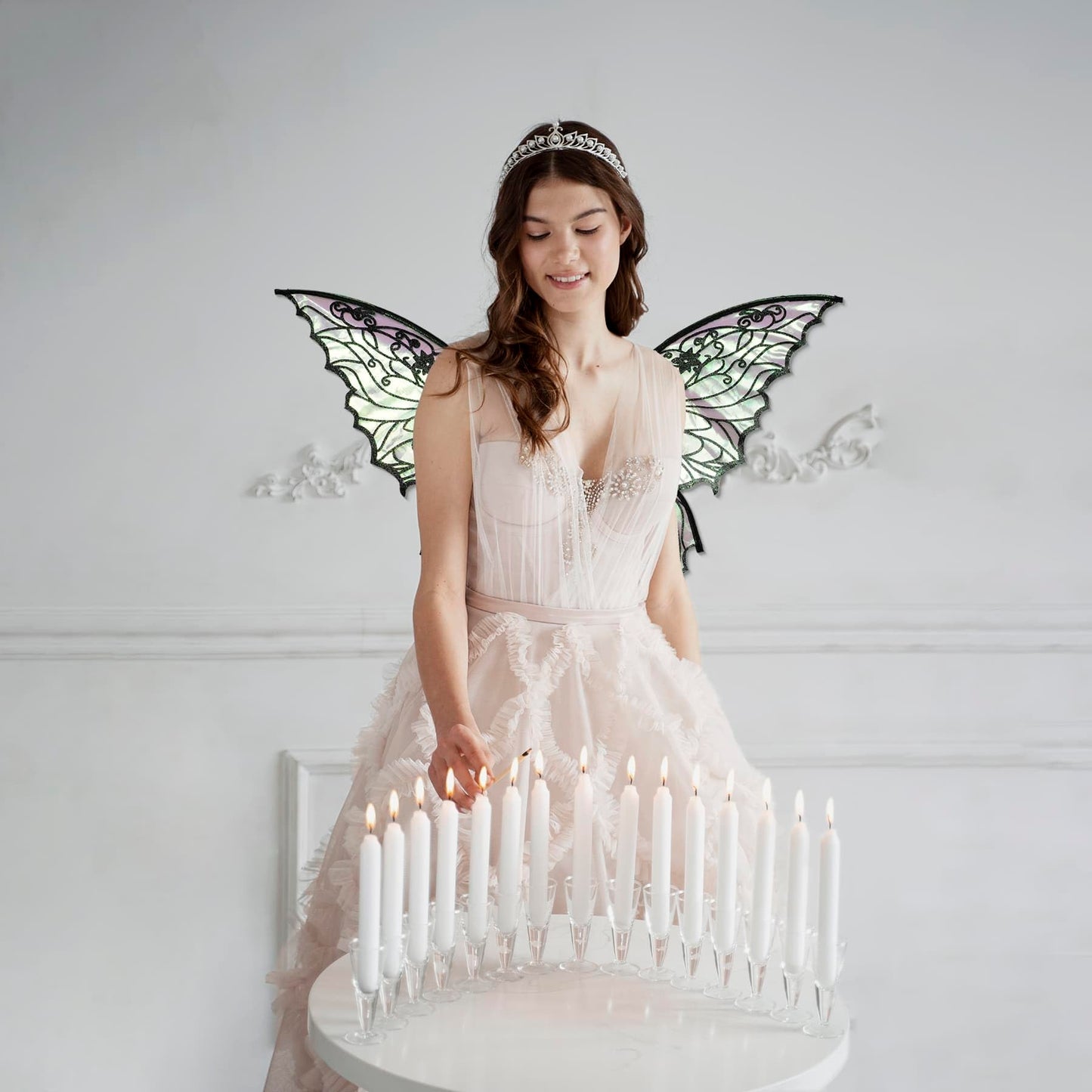 YKW Fairy Wings for Women with Lace Gloves, Large Butterfly Cosplay Wings, Iridescent Costume Wings for Party Photography Props Adult Dress Up Accessories(Black)