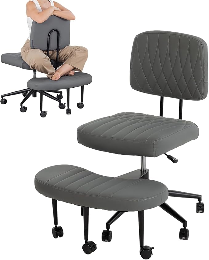 Ergonomic Cross Legged Office Chair with Wheels, Wide Seat and Backrest for Meditation, ADHD Cross Legged Office Chair with Adjustable Height, 360°Rotating Footrest for Yoga Home Office