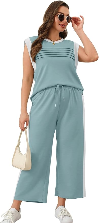 WIHOLL 2 Piece Sets for Women Summer Lounge Sets Travel Vacation Outfits Cap Sleeve Sweatsuit Side Slit Wide Leg Pants S-3XL
