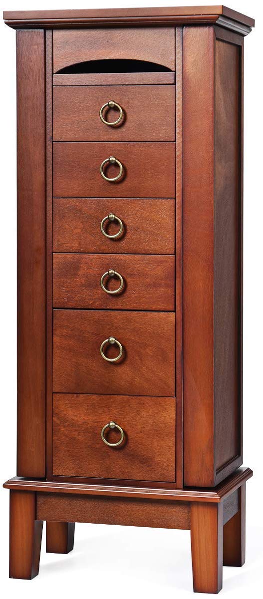 HOMGX 6 Drawers Jewelry Armoire Cabinet, Standing Jewelry Storage Chest with Mirror, 8 Necklace Hooks Wooden Jewelry Organizer, Bedroom Extra Capacity Jewelry Furniture, Walnut