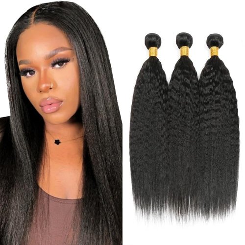 Habiliana Human Hair Bundles 16 18 20 Inch Natural Black Yaki Wave Bundles Human Hair 100% Unprocessed Soft Sewn In with Double Drown Weft for Black Women