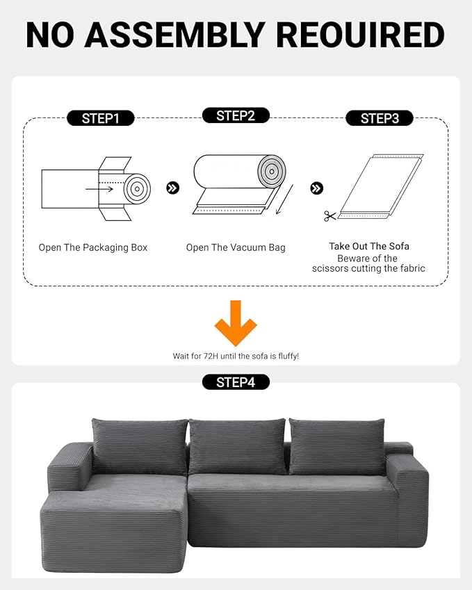 97" Cloud Sectional Couch,Modern Modular Sectional Sofa with Deep Seat,Corduroy Boneless Couches with L-Shape Chaise for Living Room Bedroom,No Assembly Required (Grey, 97" Left Facing Chaise)