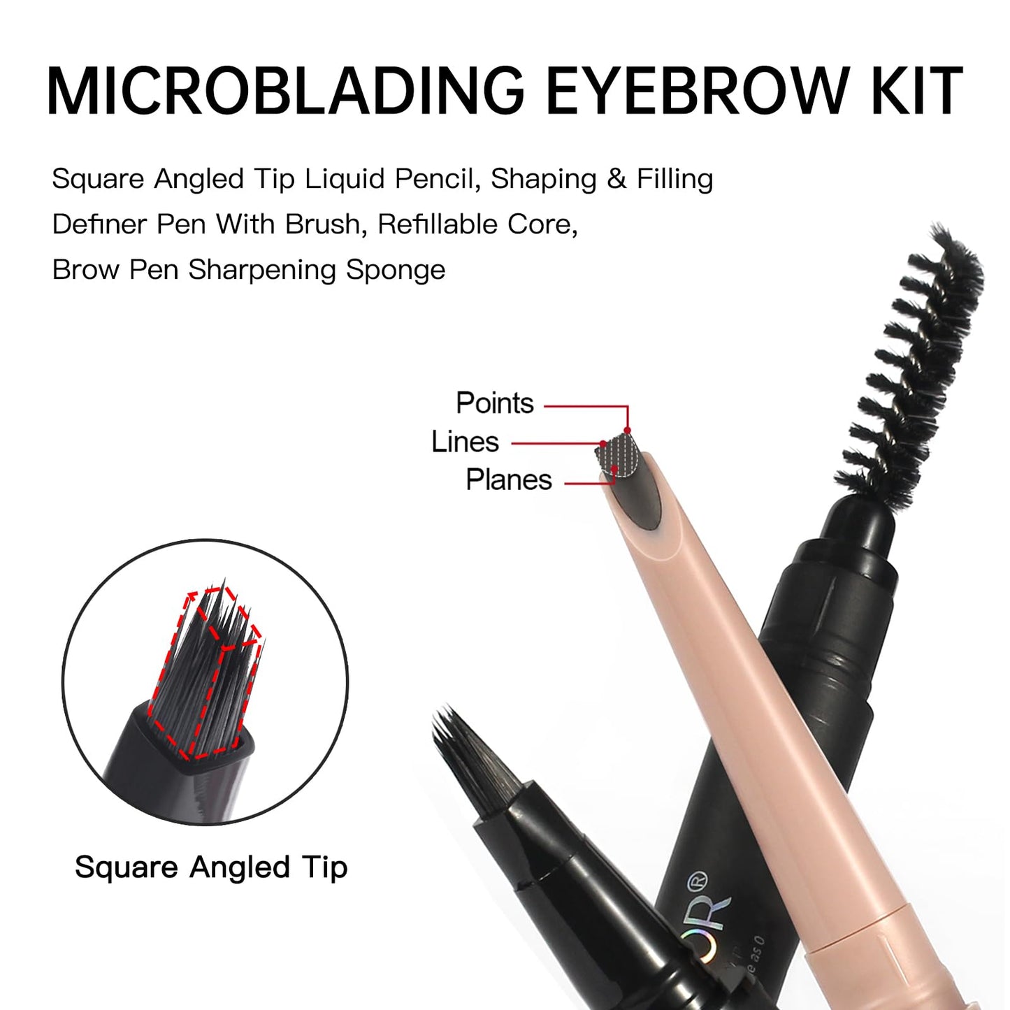 Microblading Eyebrow Pencil Kit-Angled Square Tip Liquid Eyebrow Pencil,Shaping and Filling Brow Definer Pen with Brush & Refill