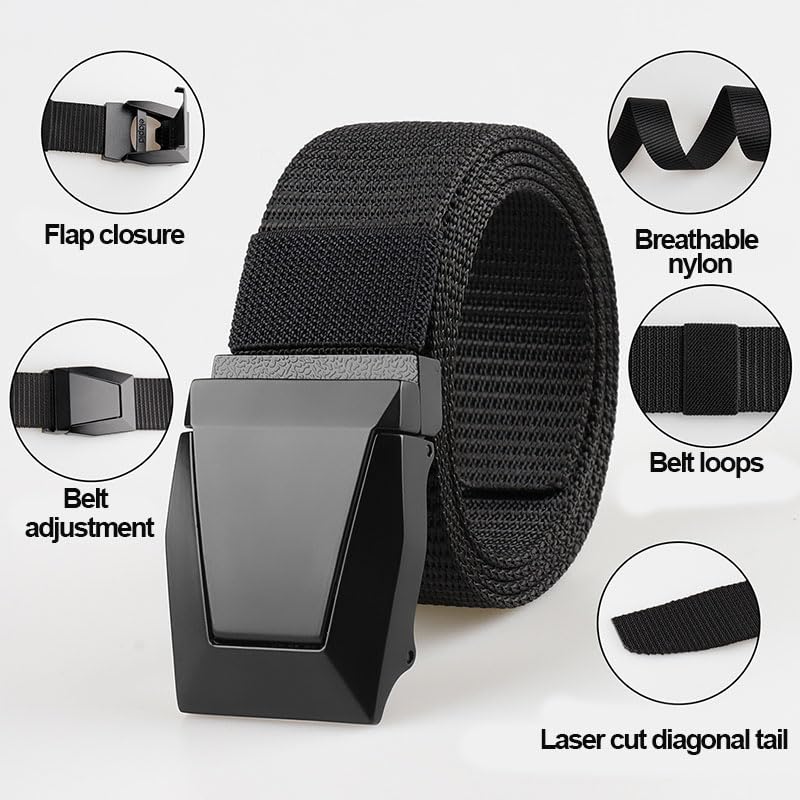 Tactical Belt for Men(1.5"W × 50"L), No Holes Adjustable Stretch Nylon Belts with Flap Buckle, Casual Belt for Working Hik...