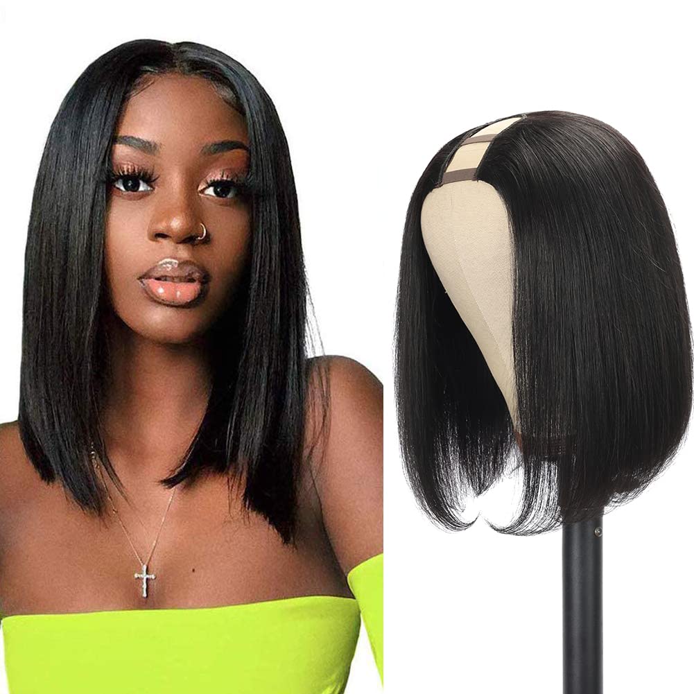 Amella Hair U Part Wig Human Hair Wigs For Black Women 12inch Short Bob Straight Wig Brazilian Remy Human Hair Bob Wigs Clip in