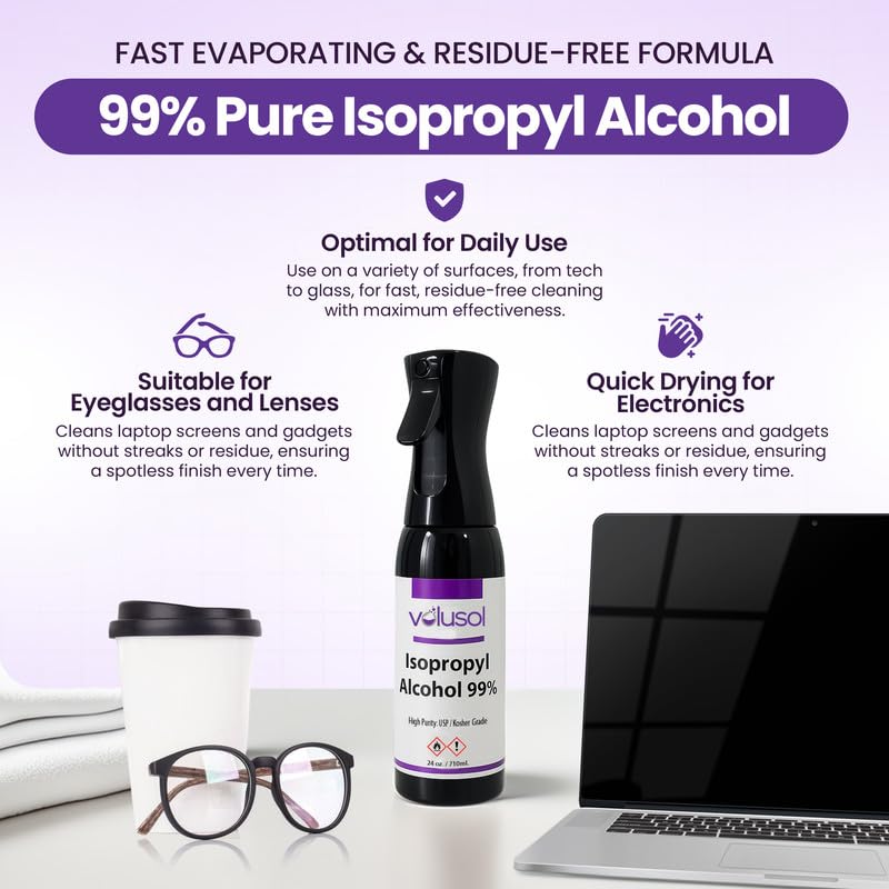 Volu-Sol 99% Isopropyl Alcohol Spray – Continuous Fine Mist Pure IPA 99% Rubbing Alcohol Spray Bottle – USP & Kosher Certified Formula for Electronics, Home & Industrial Use (24 Oz)