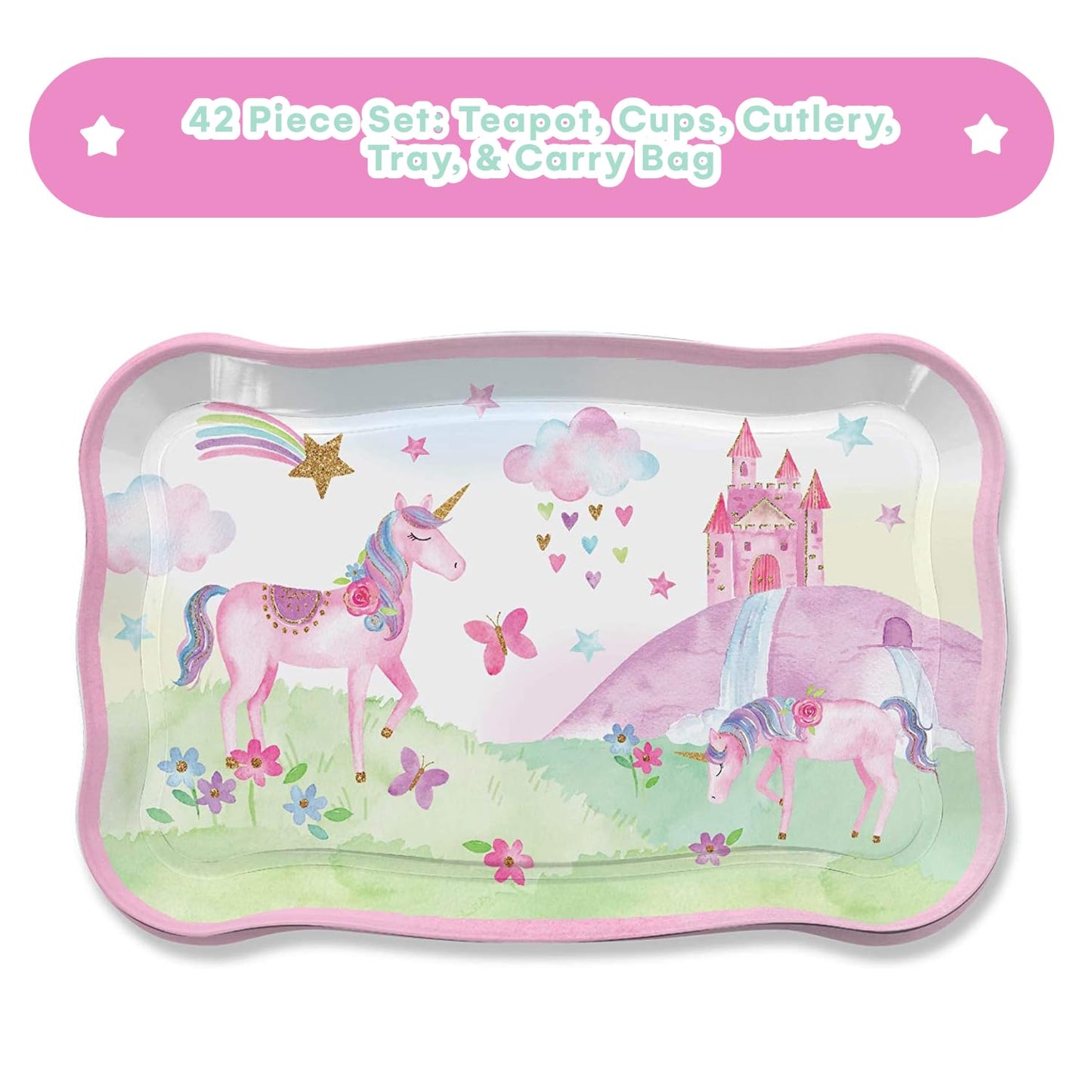 Jewelkeeper 42 Piece Tea Party Set for Little Girls Gift Pretend Kids Toy Tin Tea Set + Food & Carrying Case - Party Unicorn Design, Tea Set Kids, Toy Tea Set, Tea Set for Girls, Tea Party Set Tin