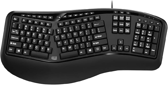 ADESSO Ergonomic USB Keyboard with Integrated Palm Rest - Split Key Design, Multimedia & Internet Hotkeys, 105-Key US Layo...
