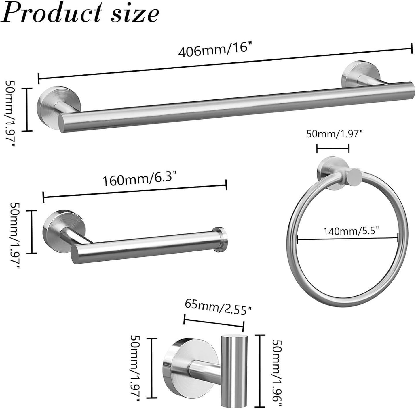 Bathroom Hardware Towel Bar Set -Brushed Nickel Bathroom Accessories Set - Including 16" Hand Towel Bars - Toilet Paper Holders - Towel Rings - Robe Towel Hooks.