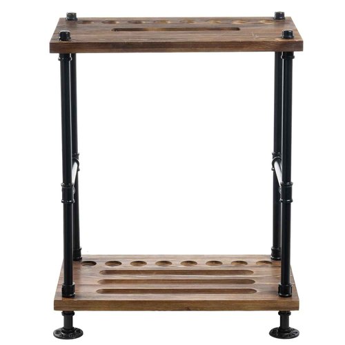 MyGift Rustic Burnt Solid Wood Pool Cue Stick Holder, Ball Holder, and Triangle Rack Hook Organizer Stand with Industrial Black Metal Pipe Frame, Freestanding Billiard Equipment All-in-One Storage