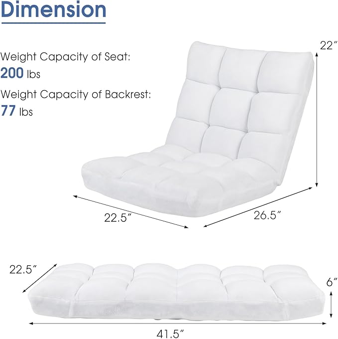 MAT EXPERT 14-Position Floor Chair, Floor Gaming Chair w/Soft Coral Fleece, Alloy Steel Frame, Padded Lazy Couch Recliner, Floor Chair w/Back Support for Reading, Meditating (White)