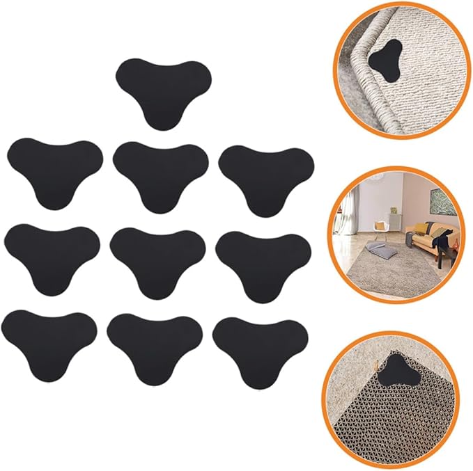 10Pcs Reusable Washable Rug Tape Grippers Non-Slip Double-Sided Carpet Stickers for Hardwood Floors Area Rugs Mats Prevent Curling Sliding Safe Home Use