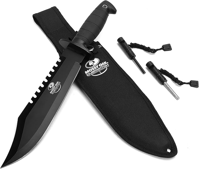 Mossy Oak Survival Hunting Knife with Sheath, 15-inch Fixed Blade Tactical Bowie Knife with Sharpener & Fire Starter for C...