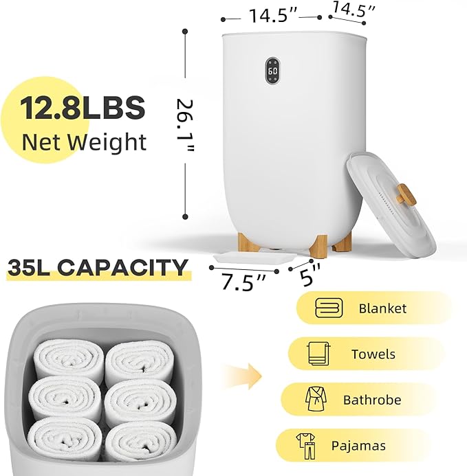 Senfot Towel Warmer Bucket, 35 L Towel Dryer Heater Blanket Warmer with Heating & Drying Modes, Led Display, Timer & Auto Shut Off, Compact for Bathrooms, Spas, Apartments