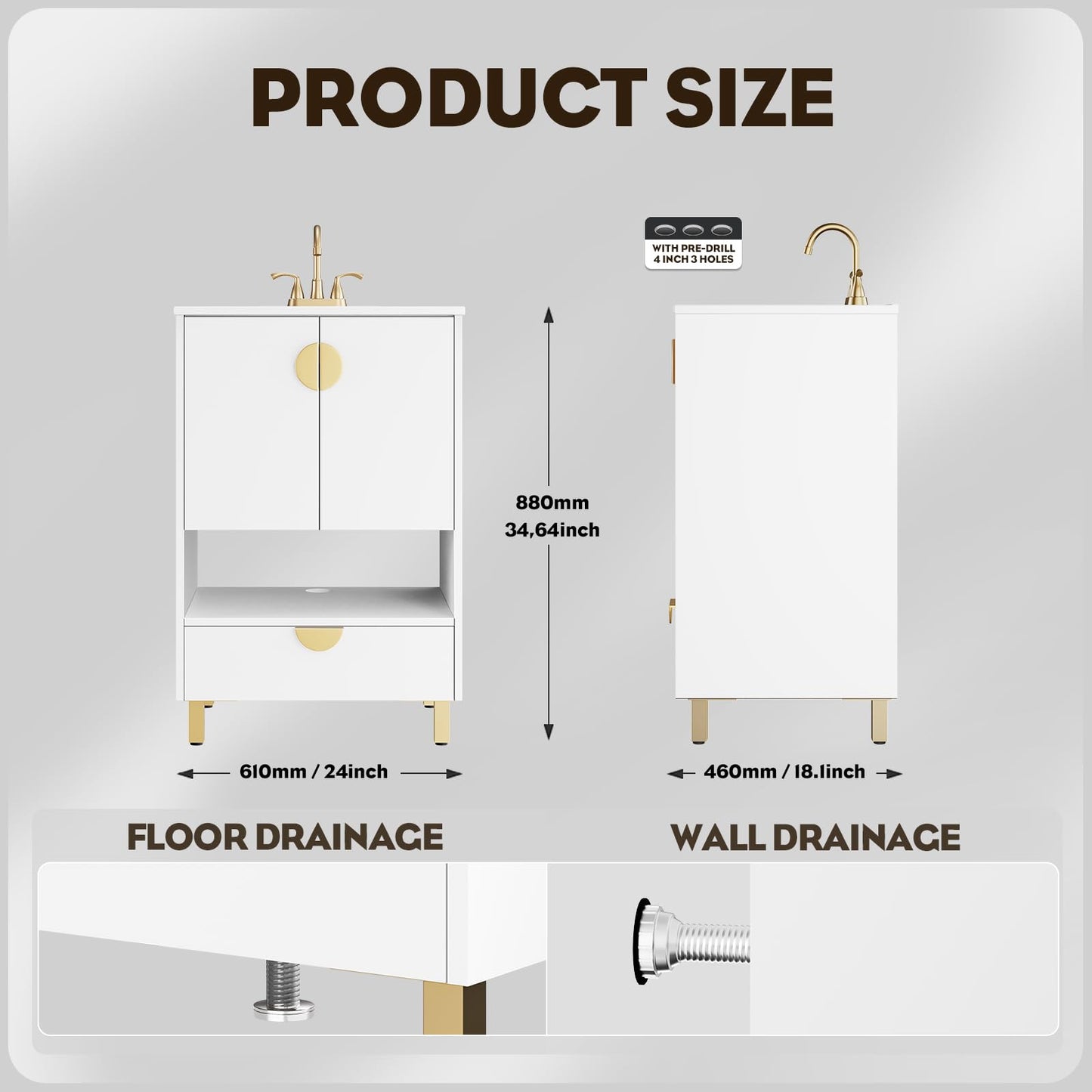 phiestina Fully Assembled 24 Inch White Modern Bathroom Vanity with Sink, Free Stading Vanity Cabinet for Bathroom with 2 Doors and 1 Drawer,Faucet Not Included,YMS02-24-WHITE-JH