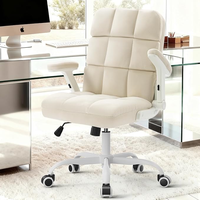 SEATZONE Home Office Chair–Beige Velvet Desk Chair with Wheels, Comfortable Computer Work Chair with Flip-up Arms and Adjustable Tilt