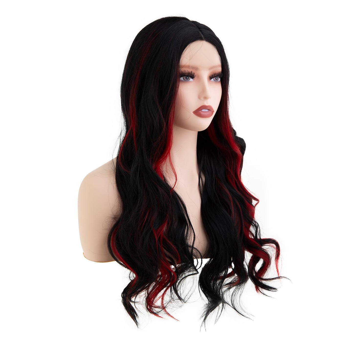 Sallcks Long Ombre Black Red Lace Wigs for Women 27.5 inch Long Wavy Middle Part Red Highlight Cosplay Costume Halloween Wig