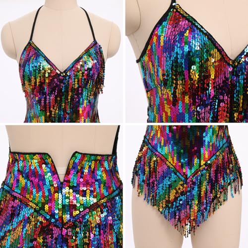 IBAKOM Sexy Sequins Fringe Bodysuit Halter Lace Up Back Jazz Latin Dance Tassel Leotard Acrobat Costume Rave Concert Outfits