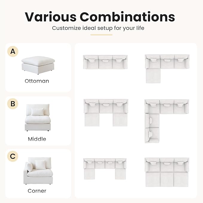 WJShome Cloud Couch for LivingRoom,190" U Shaped Modular Sectional Sofa with Ottoman,Down Filled 9 Seater Convertible Sleeper Sofa Bed Oversized Furniture Sets,White