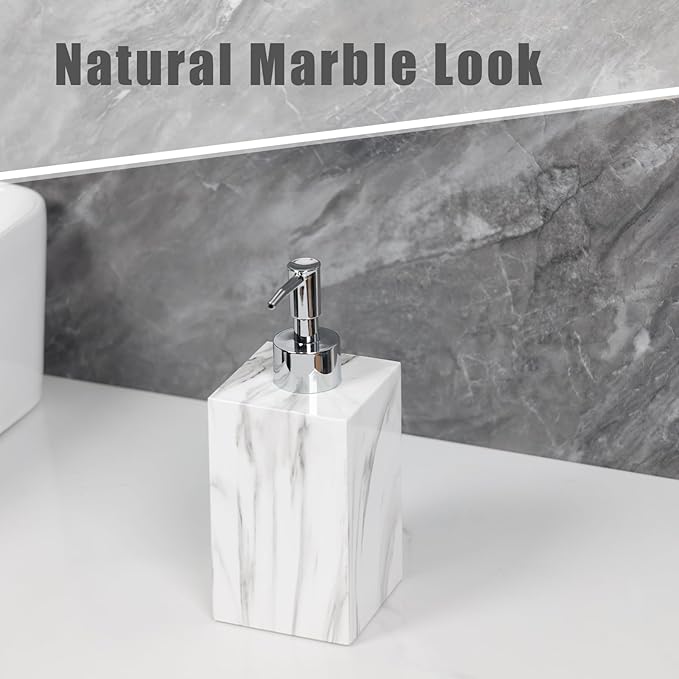 2-Pack Marble Look Resin Soap Dispensers, 16.9 oz Refillable Lotion Pump Bottles for Bathroom, Kitchen, Vanity, Office Sink Countertops – Durable, Moisture-Resistant Home Décor (White)