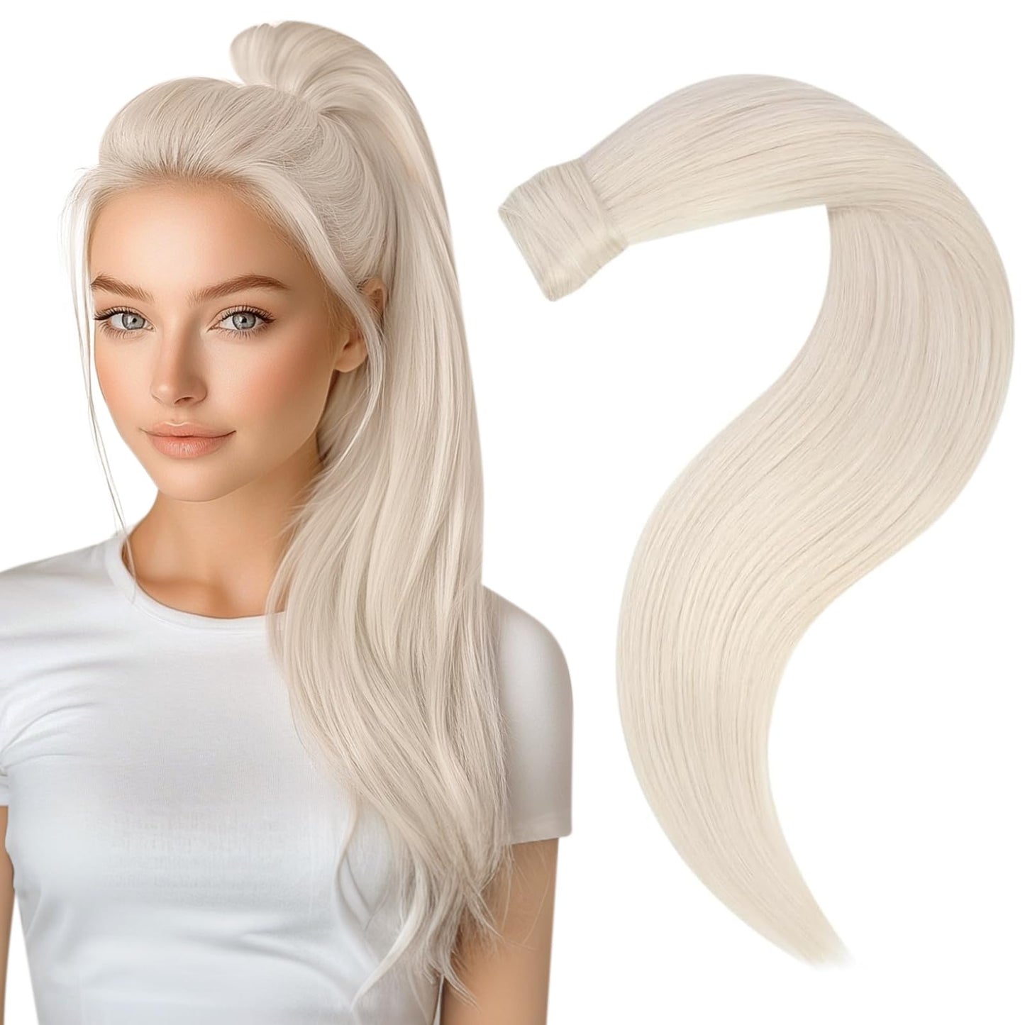 Easyouth Pony Tails Hair Extensions Blonde Wrap Around Ponytail Extension White Blonde 18 Inch Ponytail Extensions Human Hair Ea
