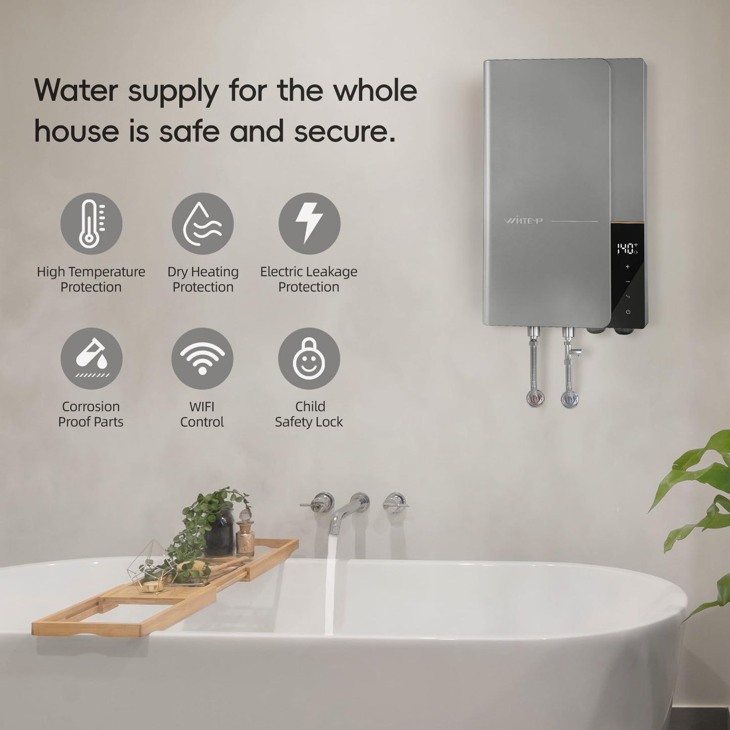 WINTEMP Tankless Water Heater Electric 27kW 240V, Whole House Instant Hot Water, Up to 6.3 GPM, Digital Self-Regulating System, Space-Saving Wall Mount, ETL Certified