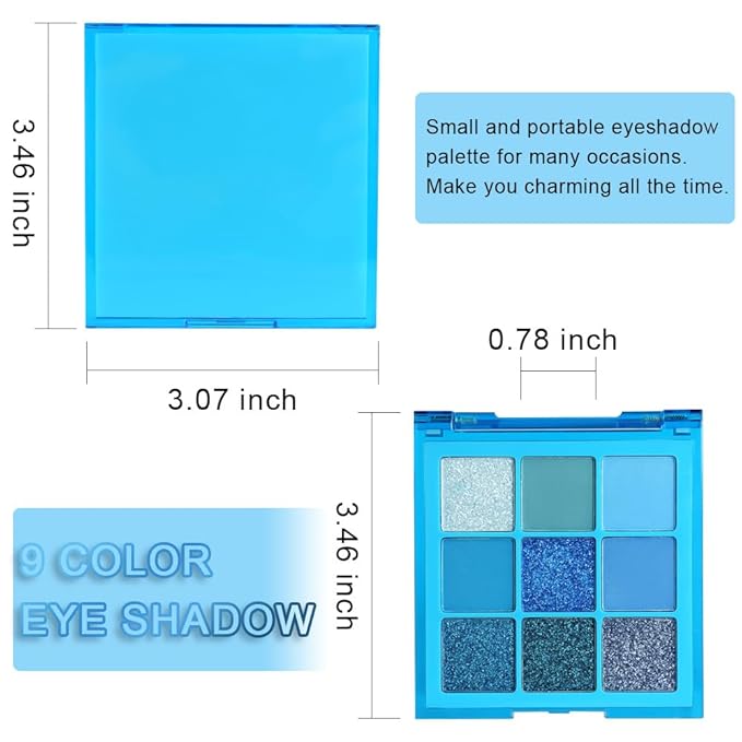AMY'S DIARY Dark Light Royal Blue Pearl White Glitter Shimmer Eye Shadow Makeup Palette,9 Colors Highly Pigmented Waterproof Matte Glitter Shimmer Daily Party Sparkling Eyeshadow Palett Gift
