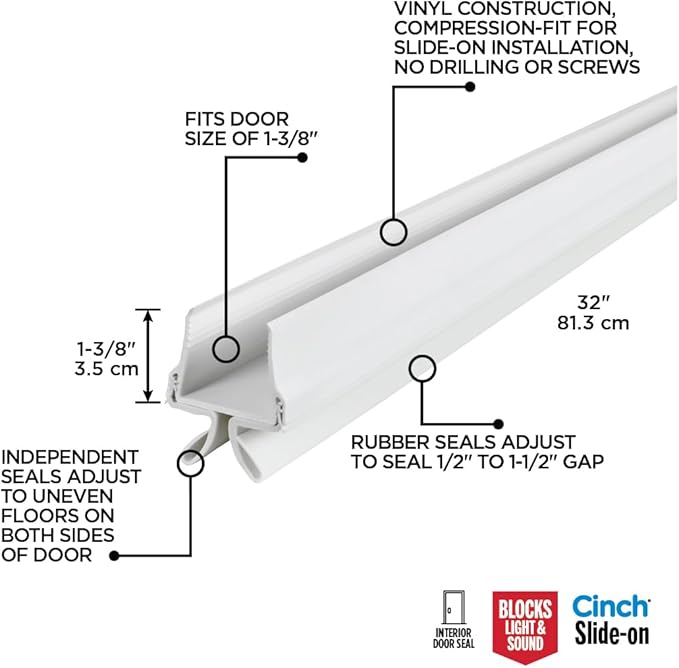 M-D Building Products Vinyl Cinch U-Shape Door Bottom Seal, Slide-On Weatherstripping Draft Stopper, Easy to Install, Fits 36” x 1-3/4” Doors, Fills 3/8”- 3/4” Gaps, 43339, Black