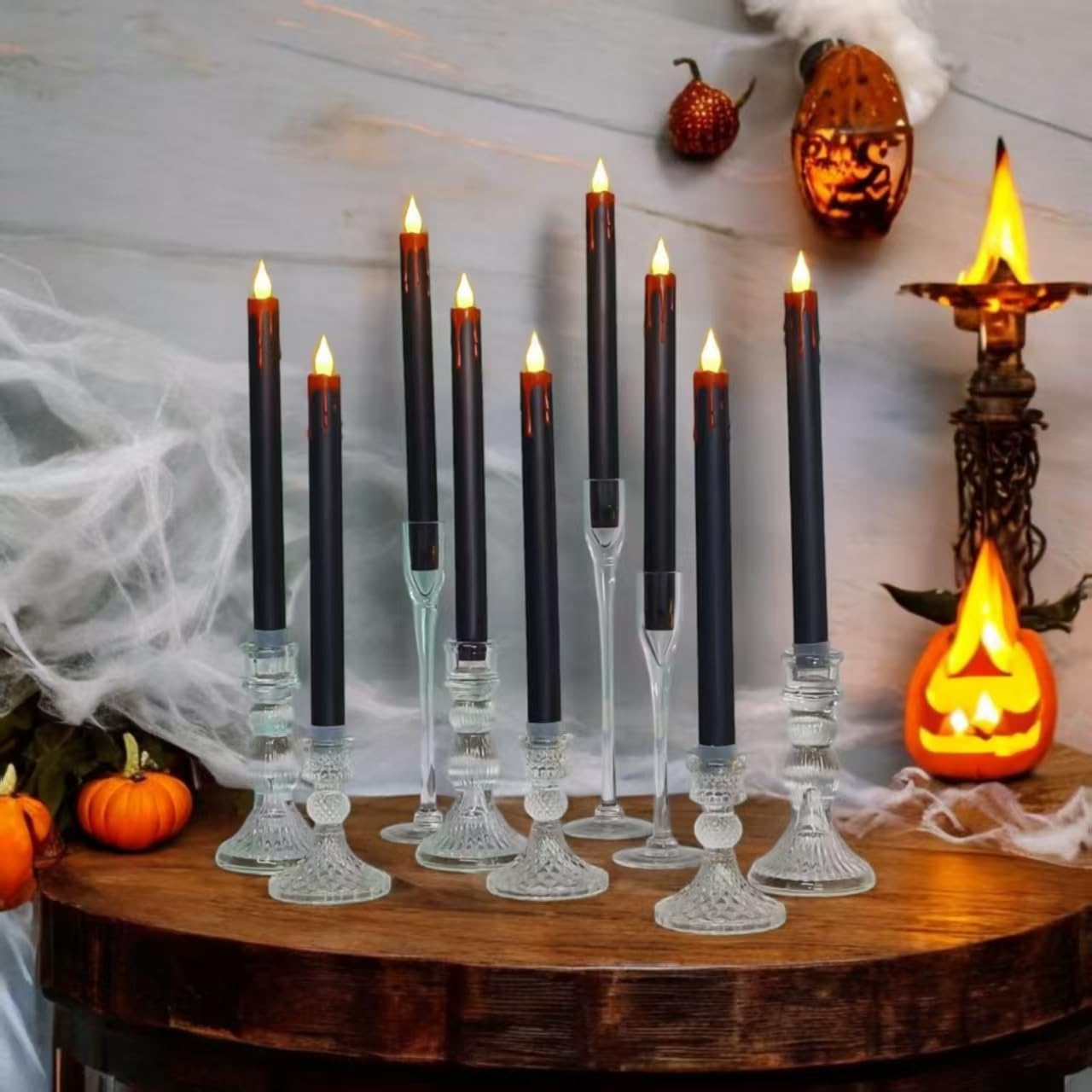 VICANBLE Halloween LED Flameless Taper Candles Black Red Drip with Remote Timer, 6 Pcs Candlesticks with 3D Flickering Flame for Home Fall Indoor Decorations(0.85 x 10.6 Inches)
