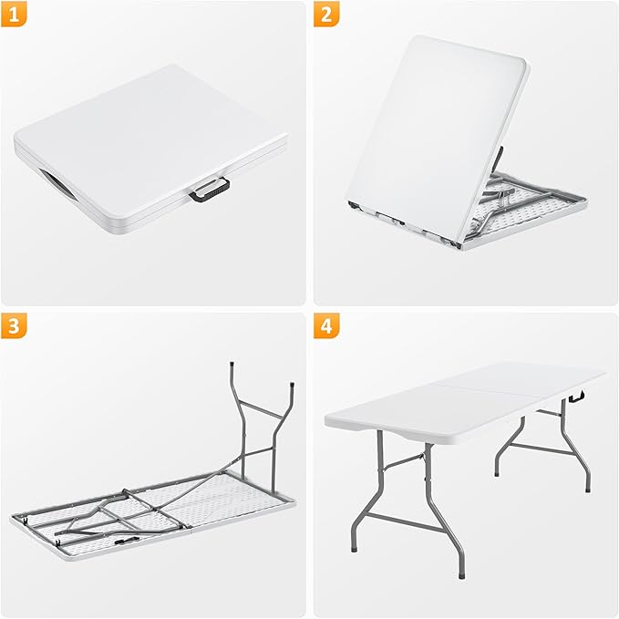 Fenbeli Upgraded 18% Thickened Folding Table 6ft Made of HDPE Plastic, Heavy Duty (25lb), Stable Thicker Legs, Dining Indoor Outdoor for Camping, Picnic and Party, White