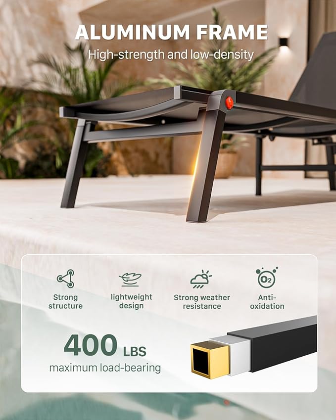 Aluminum Chaise Foldable Patio Lounge Chair Outdoor, Metal Deck Lounger Adjustable 5-Position Recliner Pool Chase Breathable Full Flat Outside Sun Tanning Chairs for Beach/Poolside/Lawn(Black, 1 Pack)