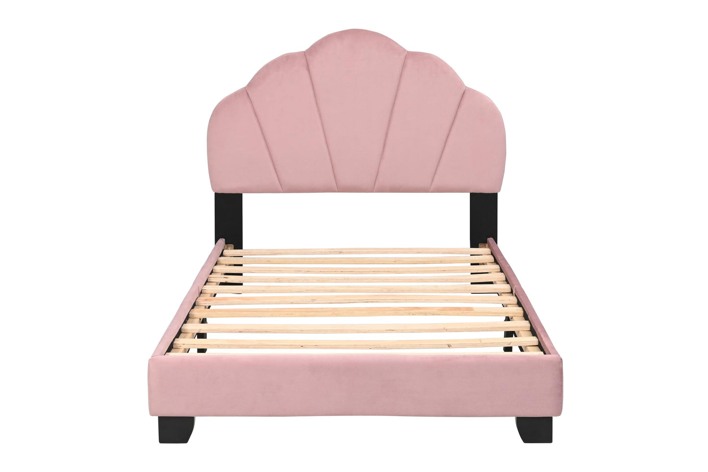 Ball & Cast Twin Size Platform Bed, Cute Shell Shaped Headboard Bed-Frame Girls Boys Teens, Velvet Upholstered Beds with Wood Slat Support, No Box Spring Needed, Pink