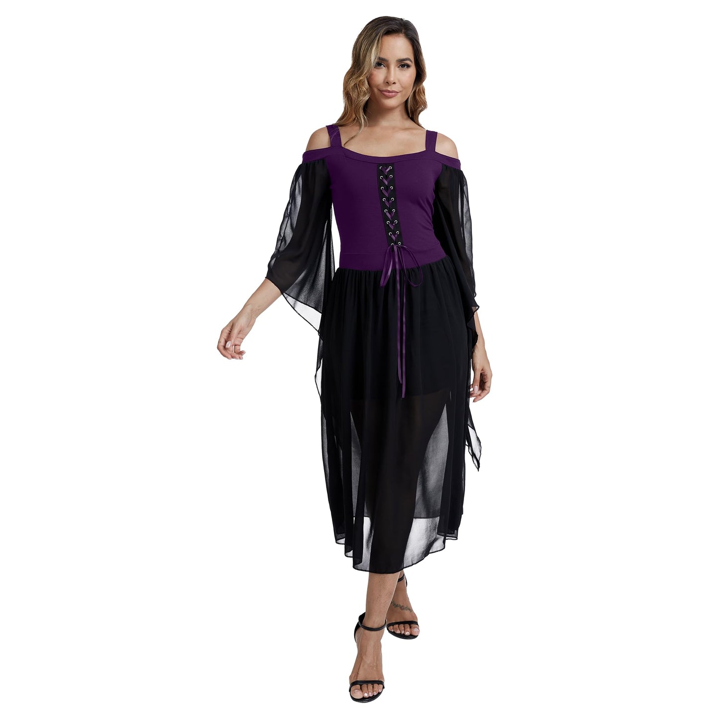 rumnigh Renaissance Gothic Dress for Women Victorian Flare Long Sleeve Sexy Dress Cosplay Party Halloween Costumes for Womens (Purple, Large)