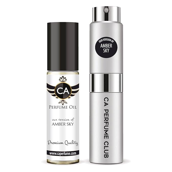 CA Perfume Duo Impression of Amber Sky For Women And Men Perfume Layering Set Long Lasting Travel Size EDP + Body Oil Roll-On Bottle 0.27 Fl Oz+0.33 Fl Oz