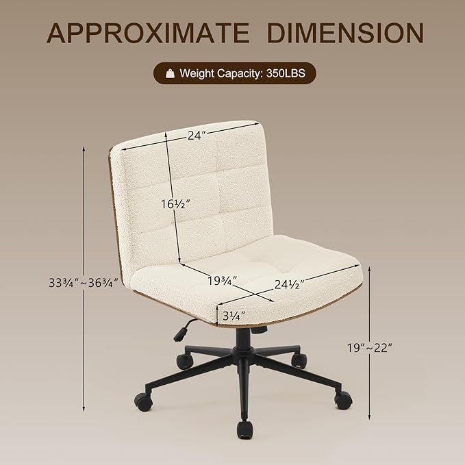 Furnimart FSC Wooden Wide Desk Chair, 360° Swivel Criss Cross Office Chair with Wheels, Comfy Cross Legged Sitting, Armless Rolling Chair for Bedroom, Office, Vanity (Faux Fur White)