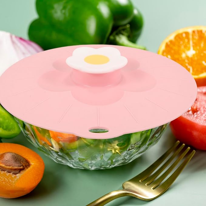 Reusable Silicone Lid Pink Flower Design Stretch Bowl Cover for Microwave Food Storage Refrigerator and Freezer Safe Flexible Kitchen Silicone Lid for Pots and Glassware