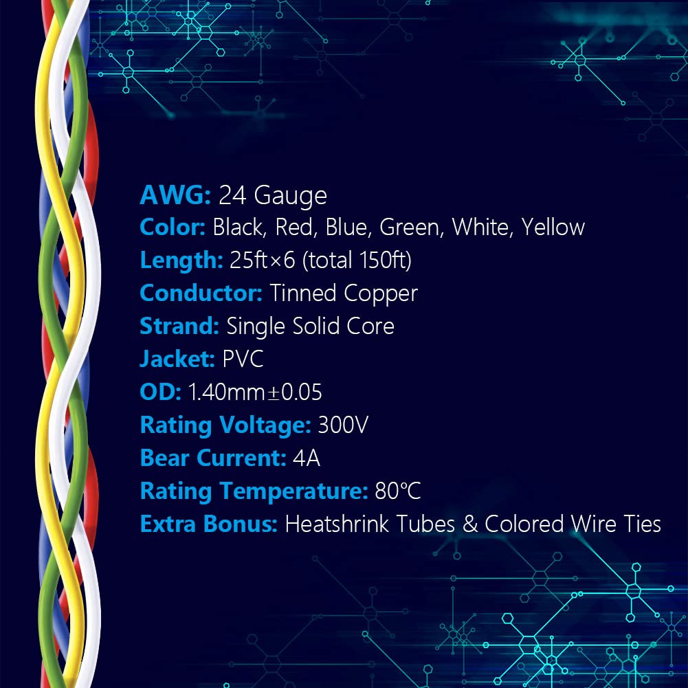 Fermerry 24 AWG Solid Core Wire Spool 25ft Each 6 Colors Flexible 24 Gauge Hook up Wire Kit Electrical Tinned Copper Wire PVC